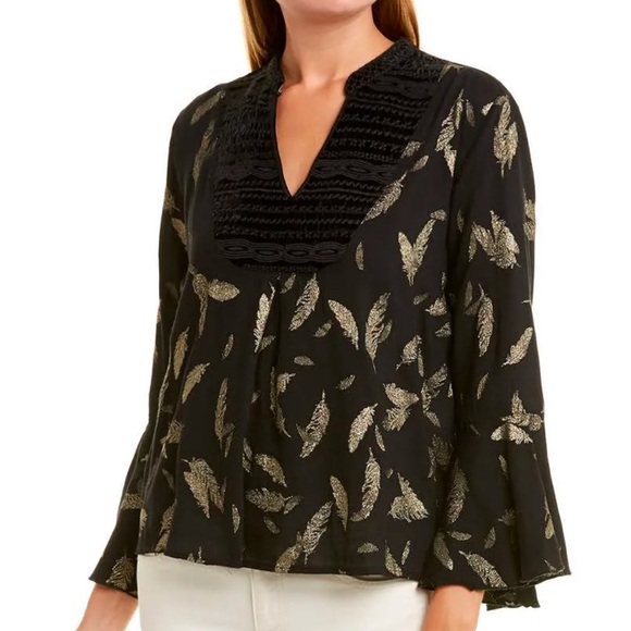 Johnny Was Workshop Womens Velvet Yoke & Metallic Leaf Print Bell Sleeve Top XS - Picture 3 of 10